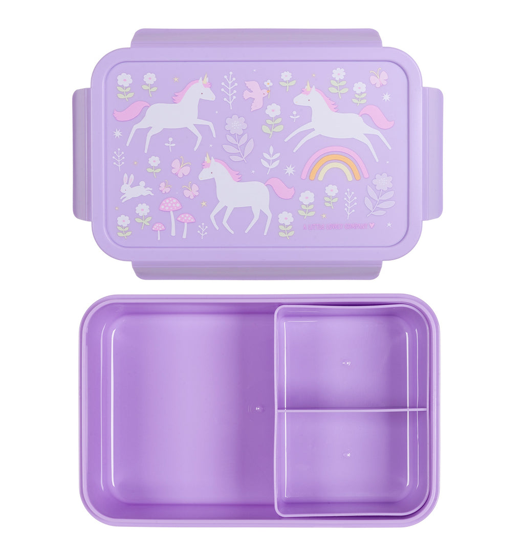 binnenkant paarse bento lunchbakje met lieve opdruk op deksel met eenhoorns