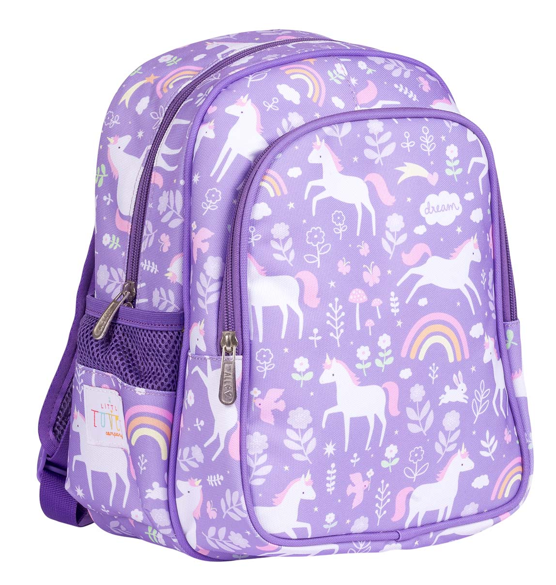 zijaanzicht paarse Unicorn rugzak 