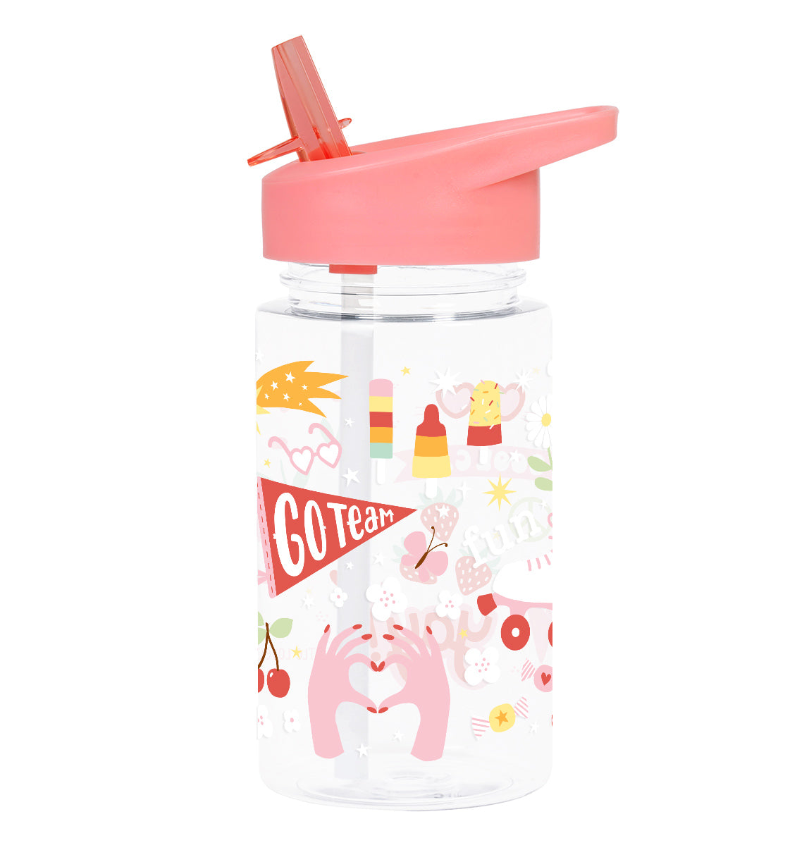 transparante drinkfles met roze dop en vrolijke print voor kinderen uit Fun collectie