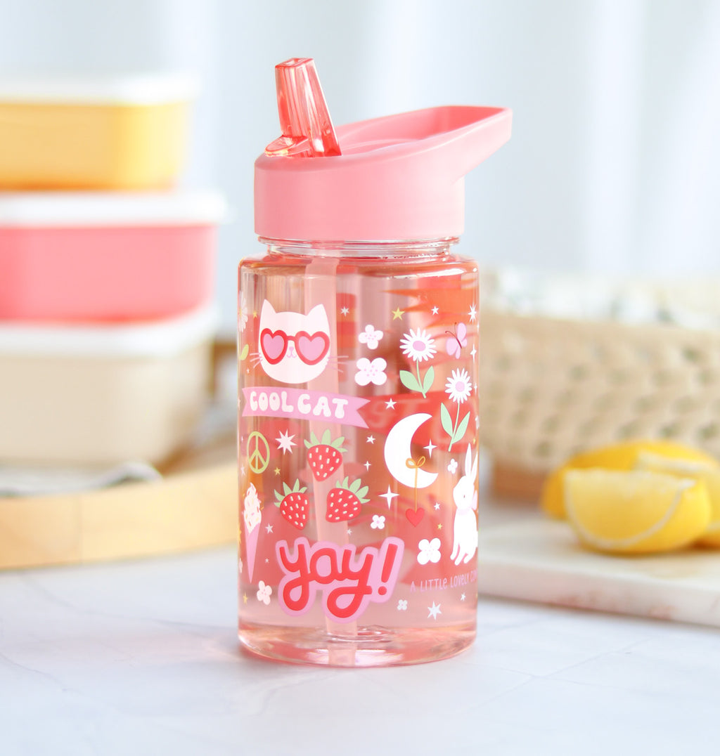 transparante drinkfles met roze dop en vrolijke print voor kinderen
