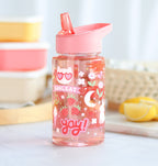 transparante drinkfles met roze dop en vrolijke print voor kinderen