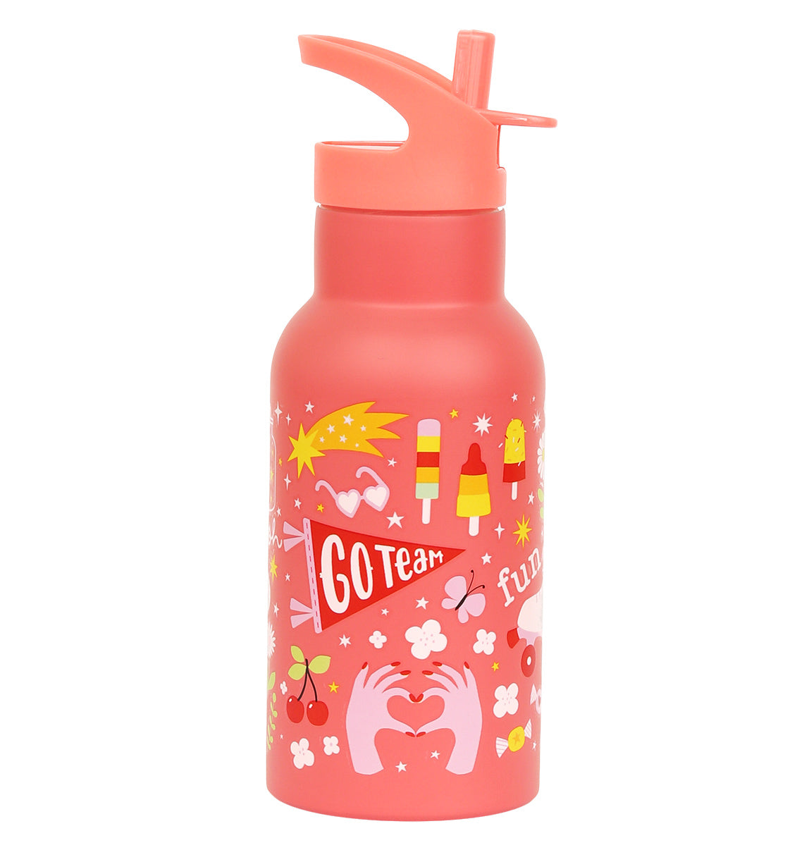 rode drinkfles met vrolijke print voor kinderen