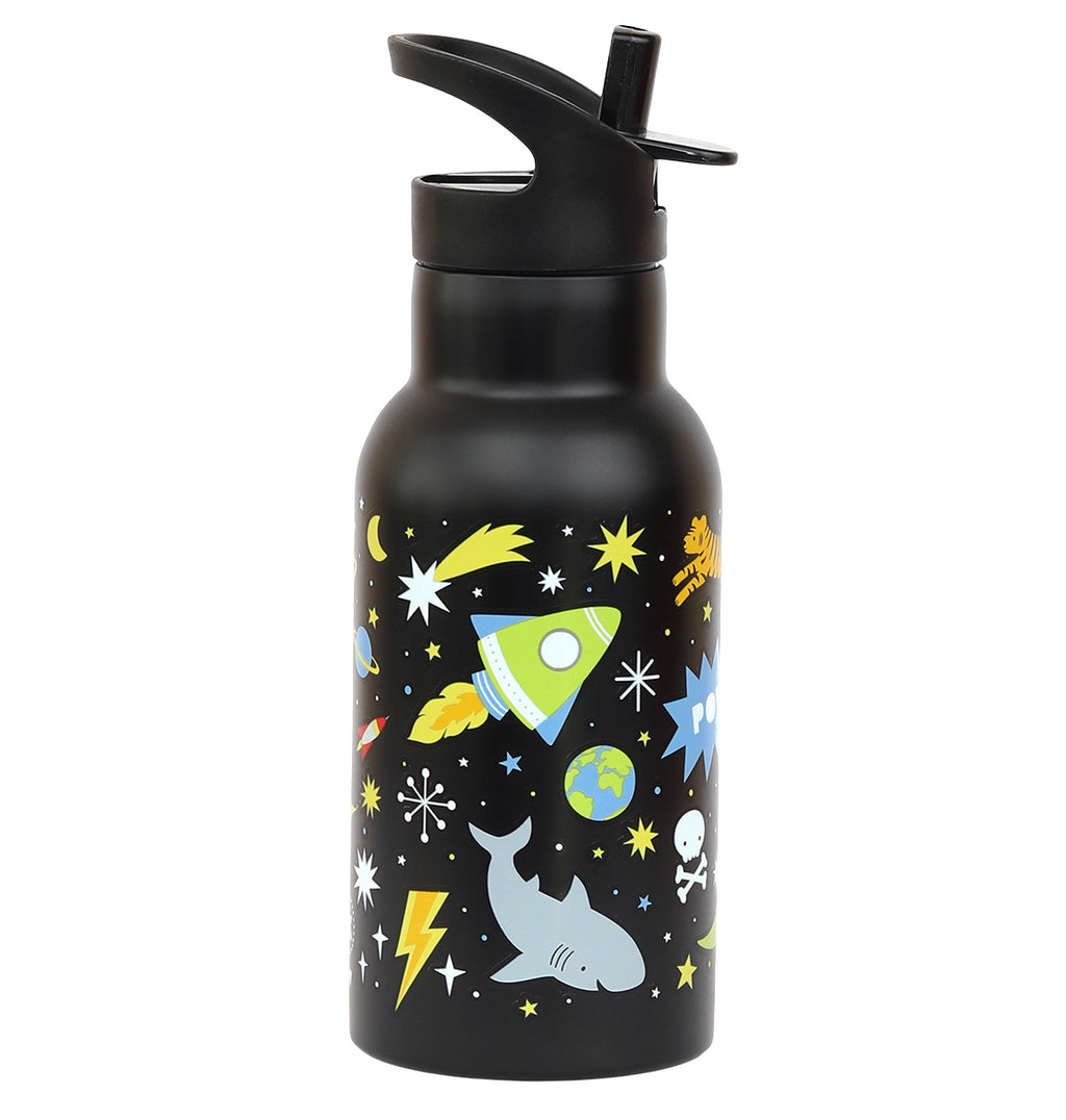 zwarte Galaxy RVS drinkfles voor kids met dino en tijger