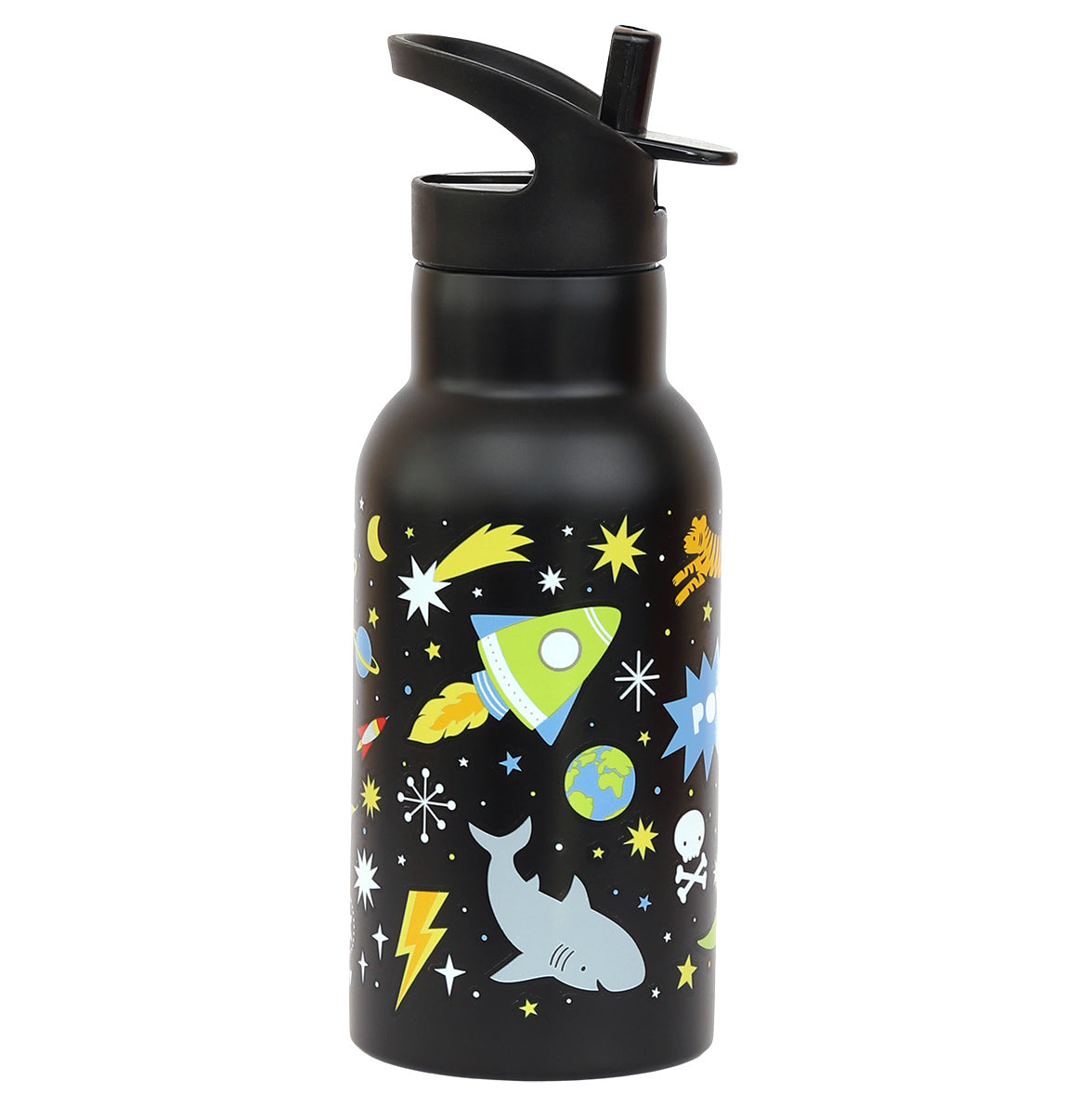 zwarte Galaxy RVS drinkfles voor kids met dino en tijger