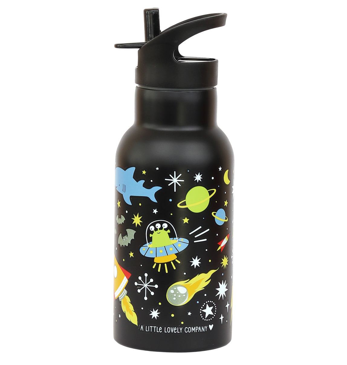 zwarte RVS drinkfles voor kinderen van a little lovely company met Galaxy print