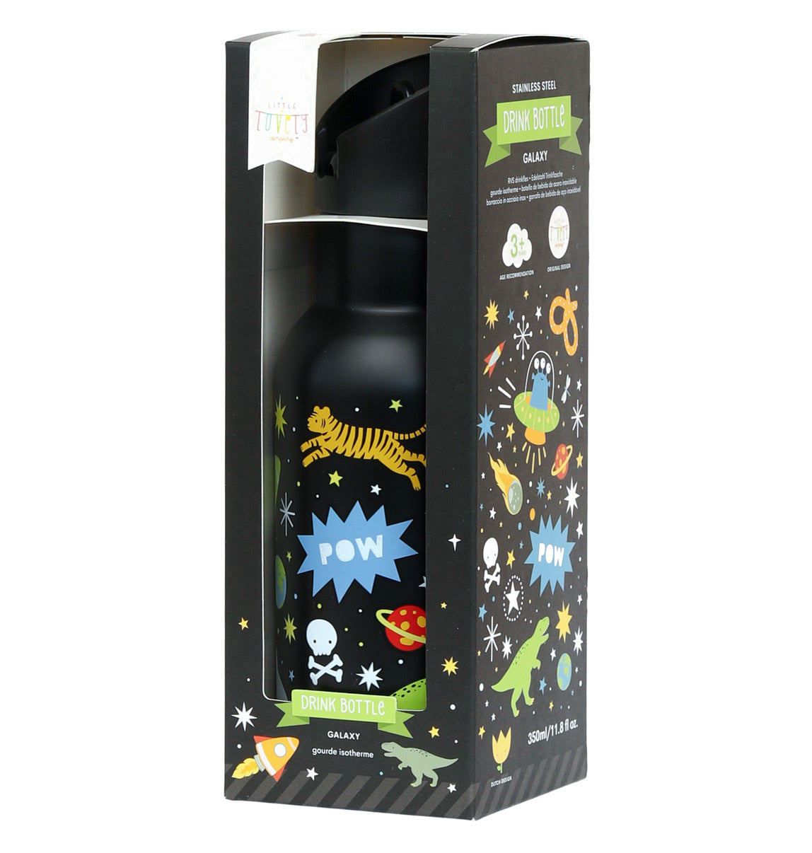 zwarte Galaxy RVS drinkfles voor kids met dino en tijger in verpakking