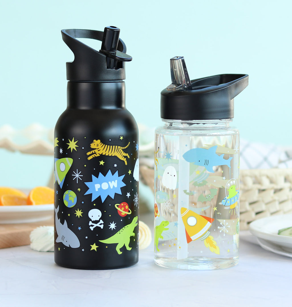 zwarte rvs drinkfles en transparante drinkfles voor kids met dino en tijger opdruk