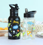 zwarte rvs drinkfles en transparante drinkfles voor kids met dino en tijger opdruk