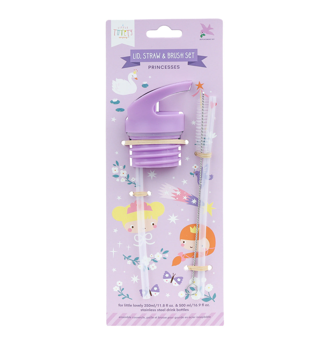 Lid, straw & brush set: Princesses
