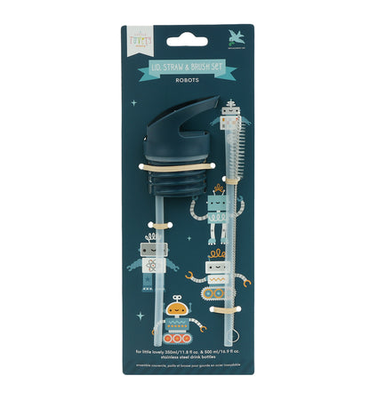 Lid, straw & brush set: Robots
