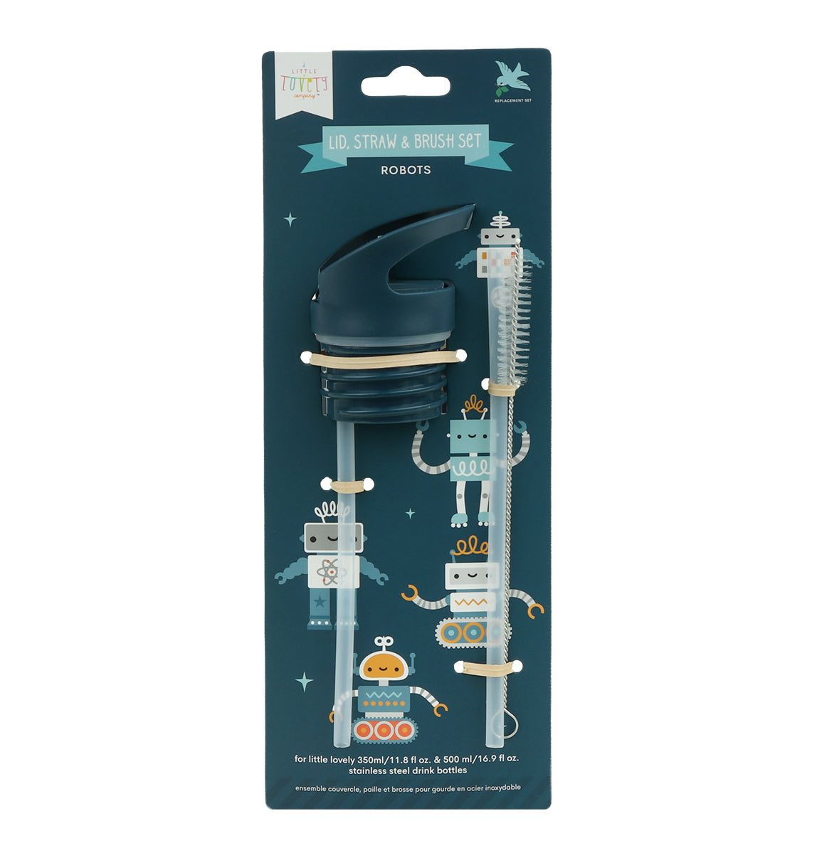Lid, straw & brush set: Robots