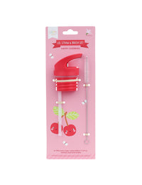 Lid, straw & brush set: Happy cherries