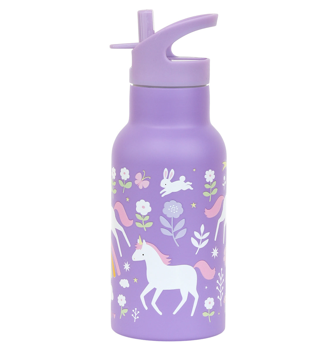 paarse eenhoorn 350ml drinkfles van RVS voor kids met eenhoorn en regenboog