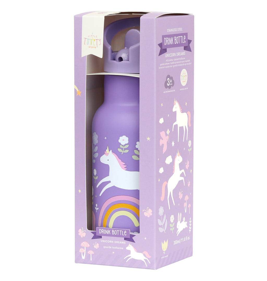 paarse eenhoorn 350ml drinkfles van RVS voor kids met eenhoorn en regenboog in verpakking