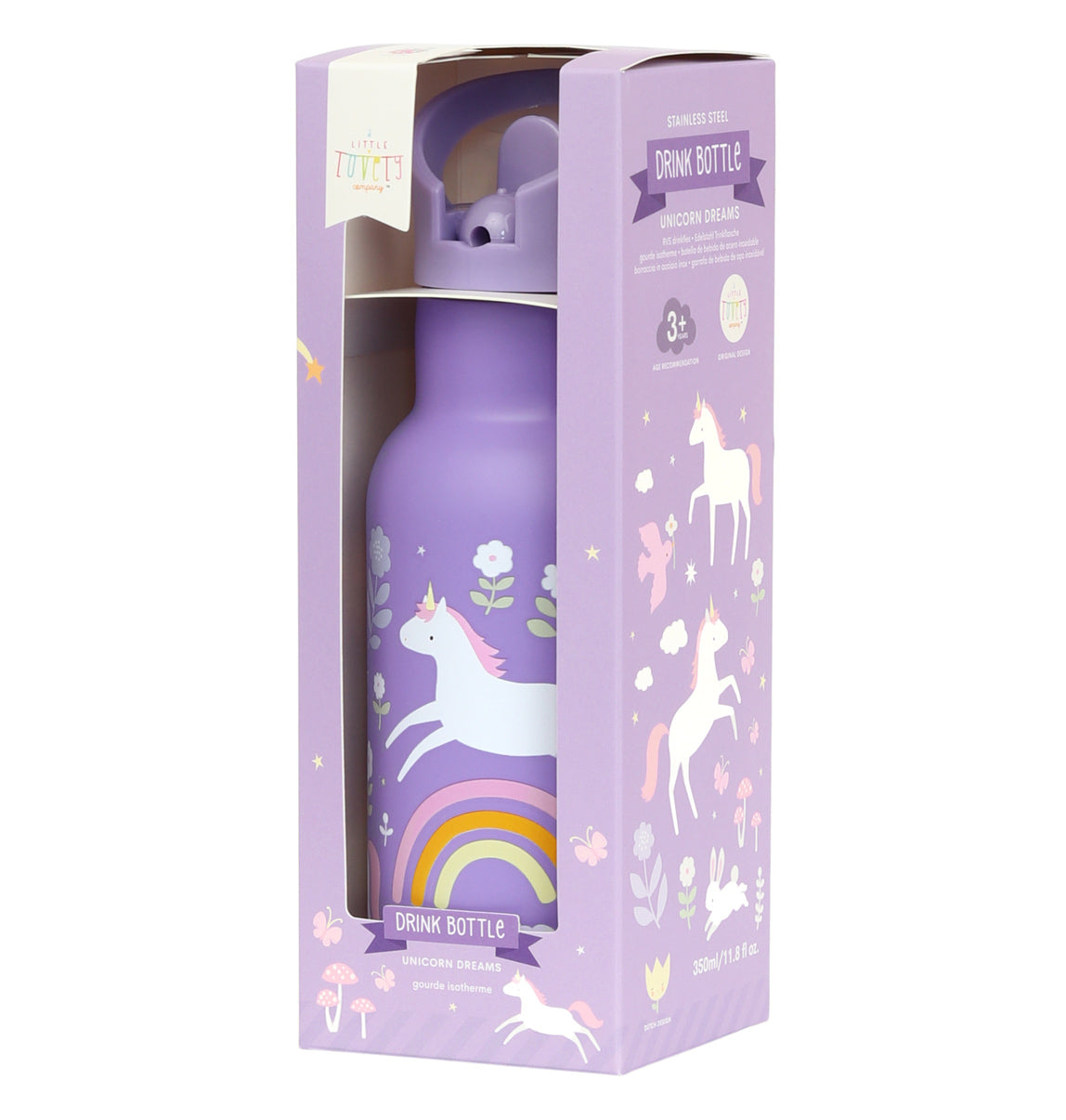 paarse eenhoorn 350ml drinkfles van RVS voor kids met eenhoorn en regenboog in verpakking