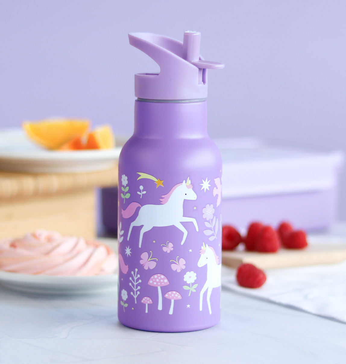paarse eenhoorn 350ml drinkfles van RVS voor kids met eenhoorn en regenboog