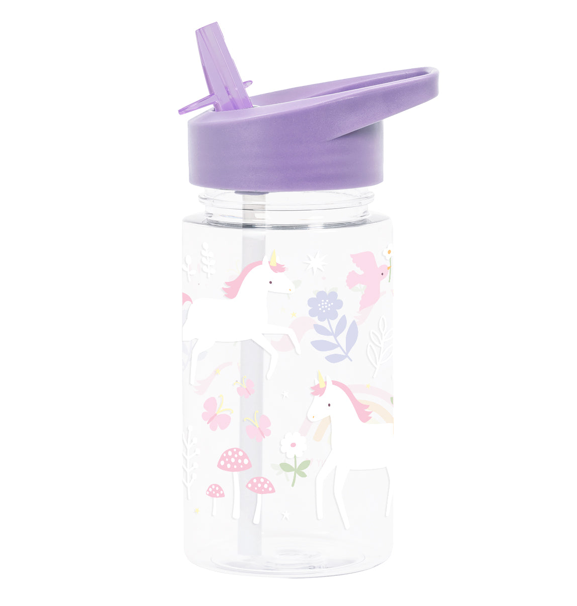 transparante drinkfles met paarse dop en vrolijke print voor kinderen ui de eenhoorn collectie