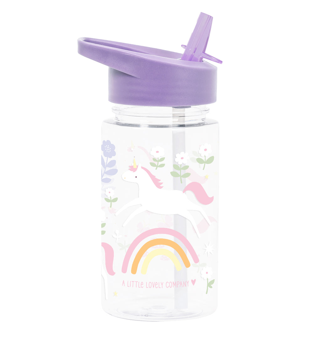 transparante drinkfles met paarse dop en vrolijke print voor kinderen