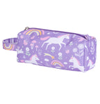 Zijaanzicht van paarse Unicorn Dreams etui met eenhoorns en regenbogen