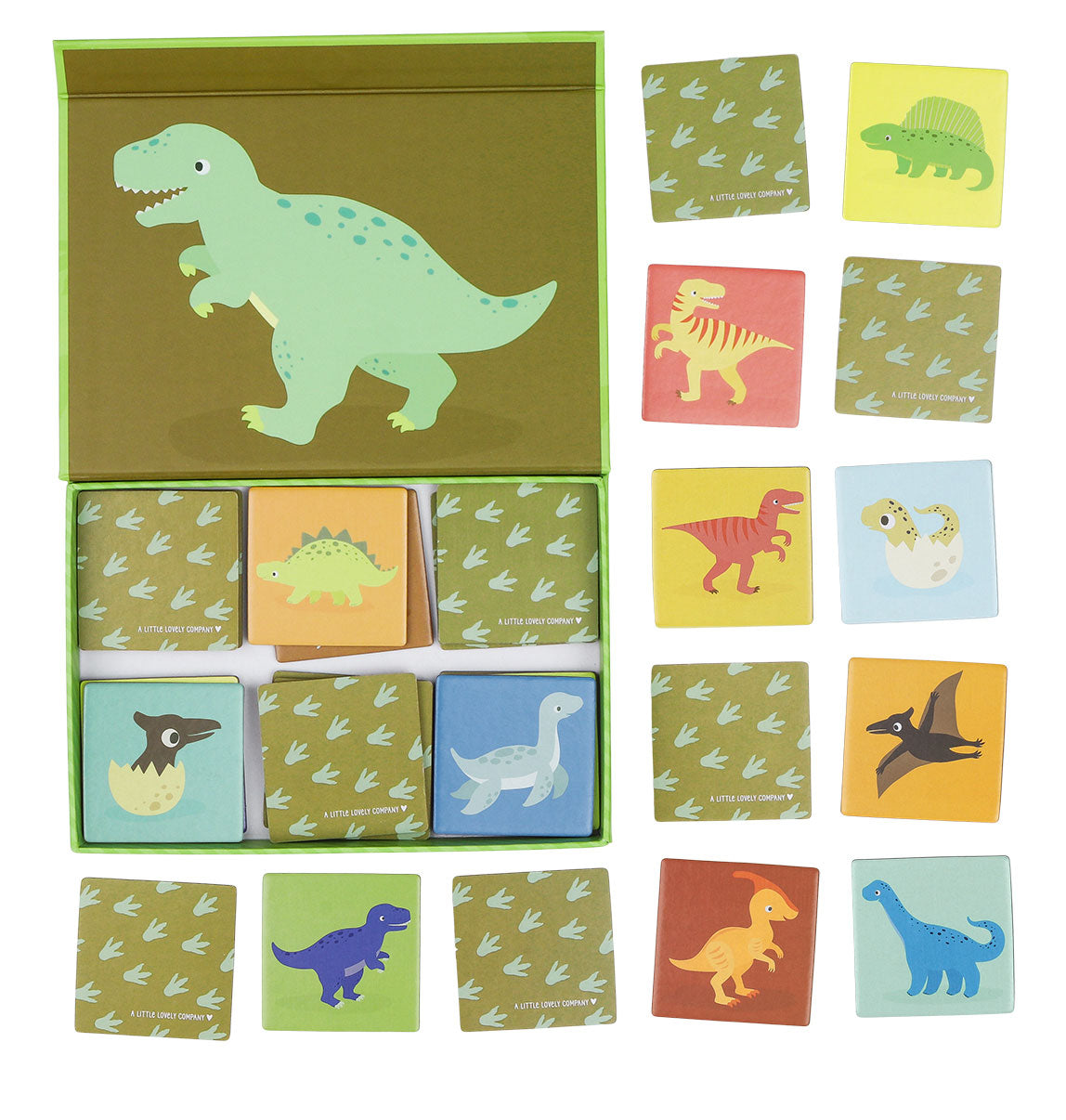 Geopende doos met spelstukken van memory match Little dinosaurs