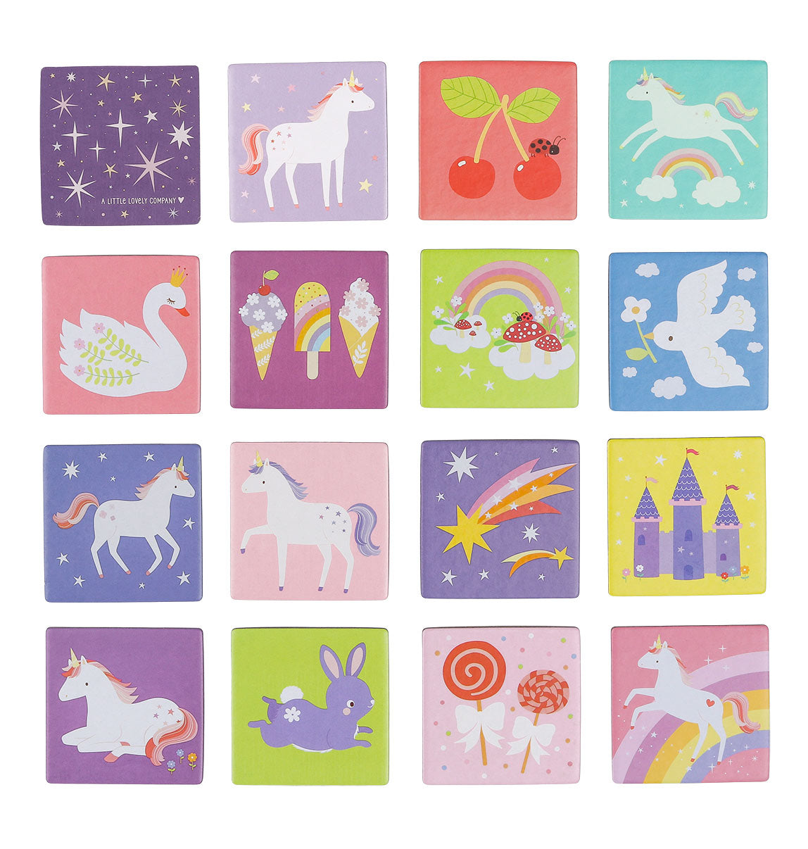 overzichtsbeeld van de kartonnen Unicorn Dreams memory stukken