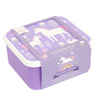 vier paarse lunch en snack bakjes met eenhoorn en regenboog opdruk in verpakking
