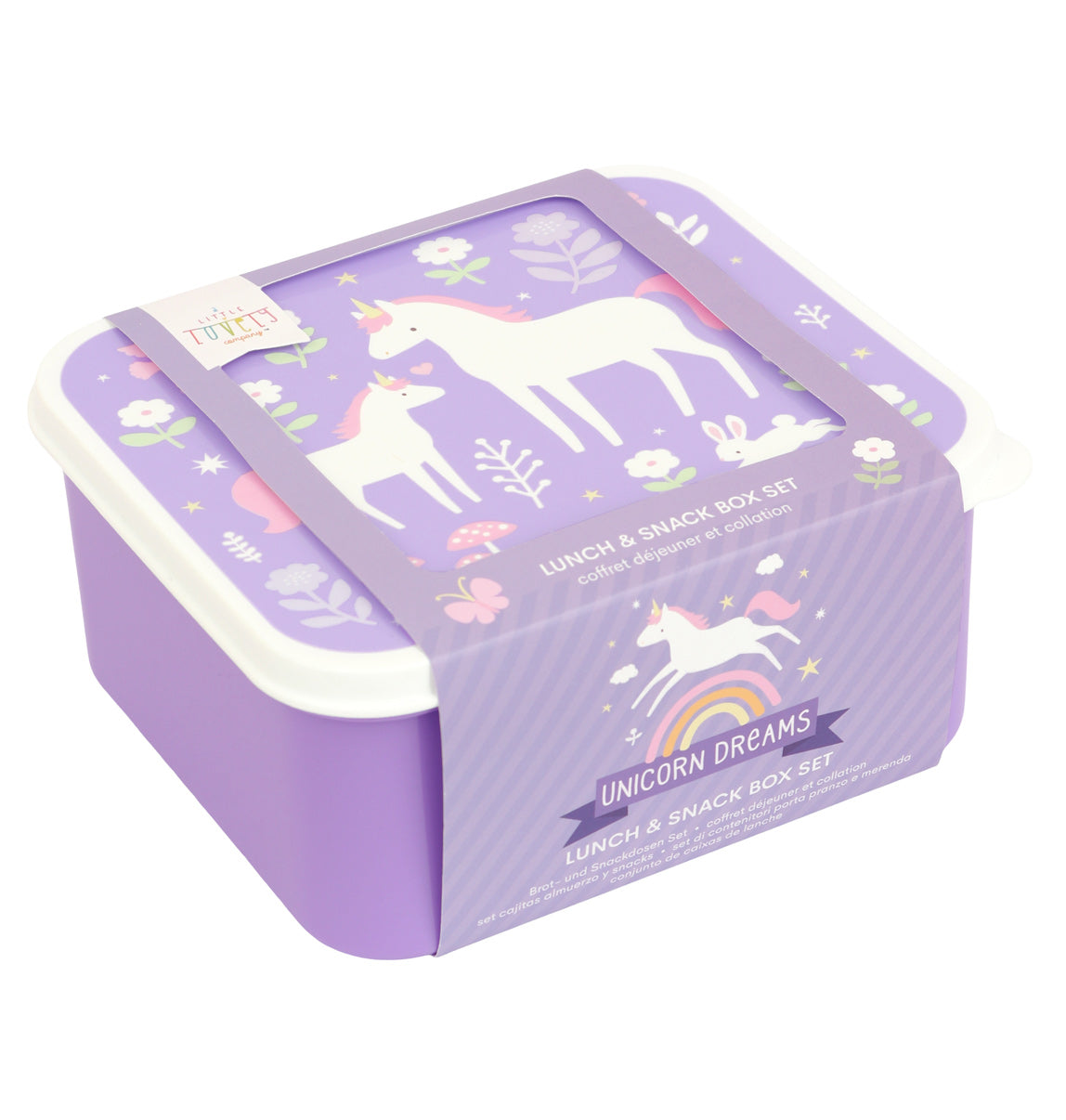 vier paarse lunch en snack bakjes met eenhoorn en regenboog opdruk in verpakking