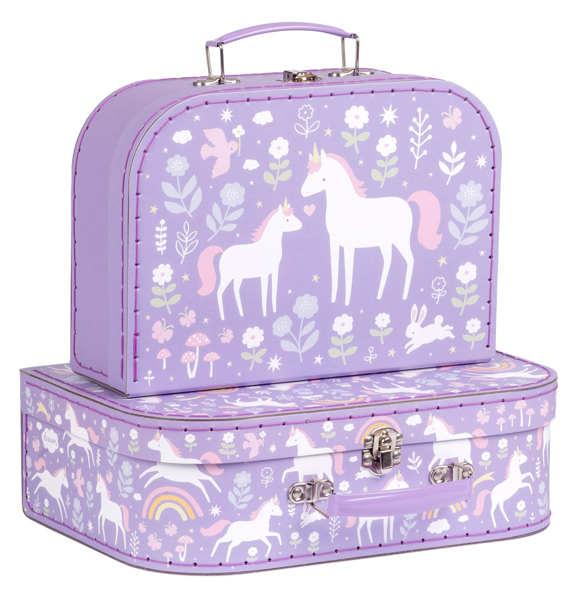 twee paarse kartonnen koffers met fantasierijke print met eenhoorns
