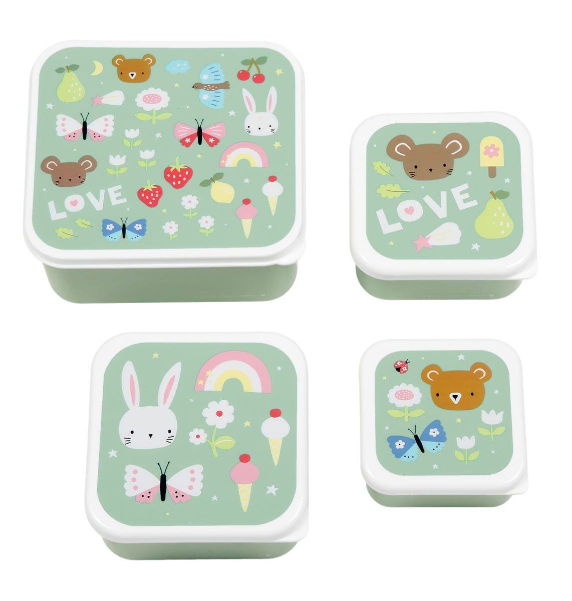 vier lichtgroene snack en lunch bakjes van a little lovely company met vrolijk printje 