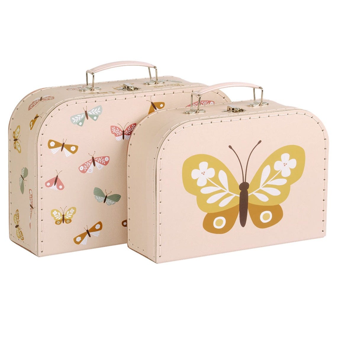 kartonnen, roze, decoratieve koffers voor opbergen van speelgoed van a little lovely company met een vlinder